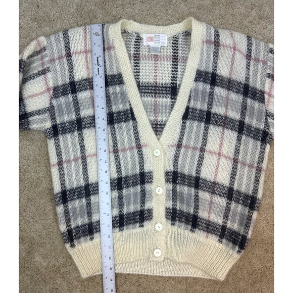 Vintage Premier Cardigan Fuzzy Mohair Plaid Preppy Academia Cream Pink Gray M - Picture 5 of 5
